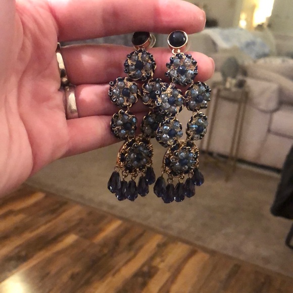 Elegant Gold and Blue Chandelier Earrings - Picture 3 of 6